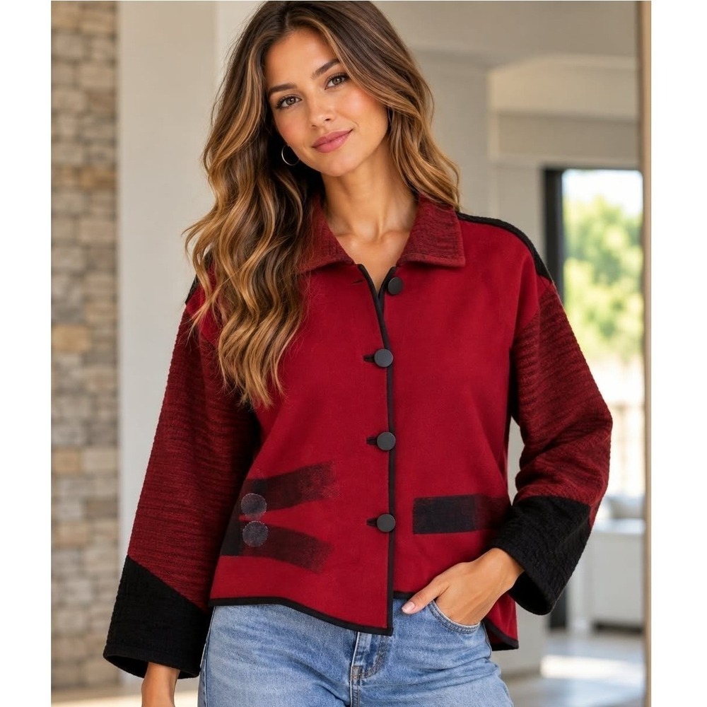 Vintage Alissa Wool Chenille Fleece Art Jacket Size L Red Black Made in USA